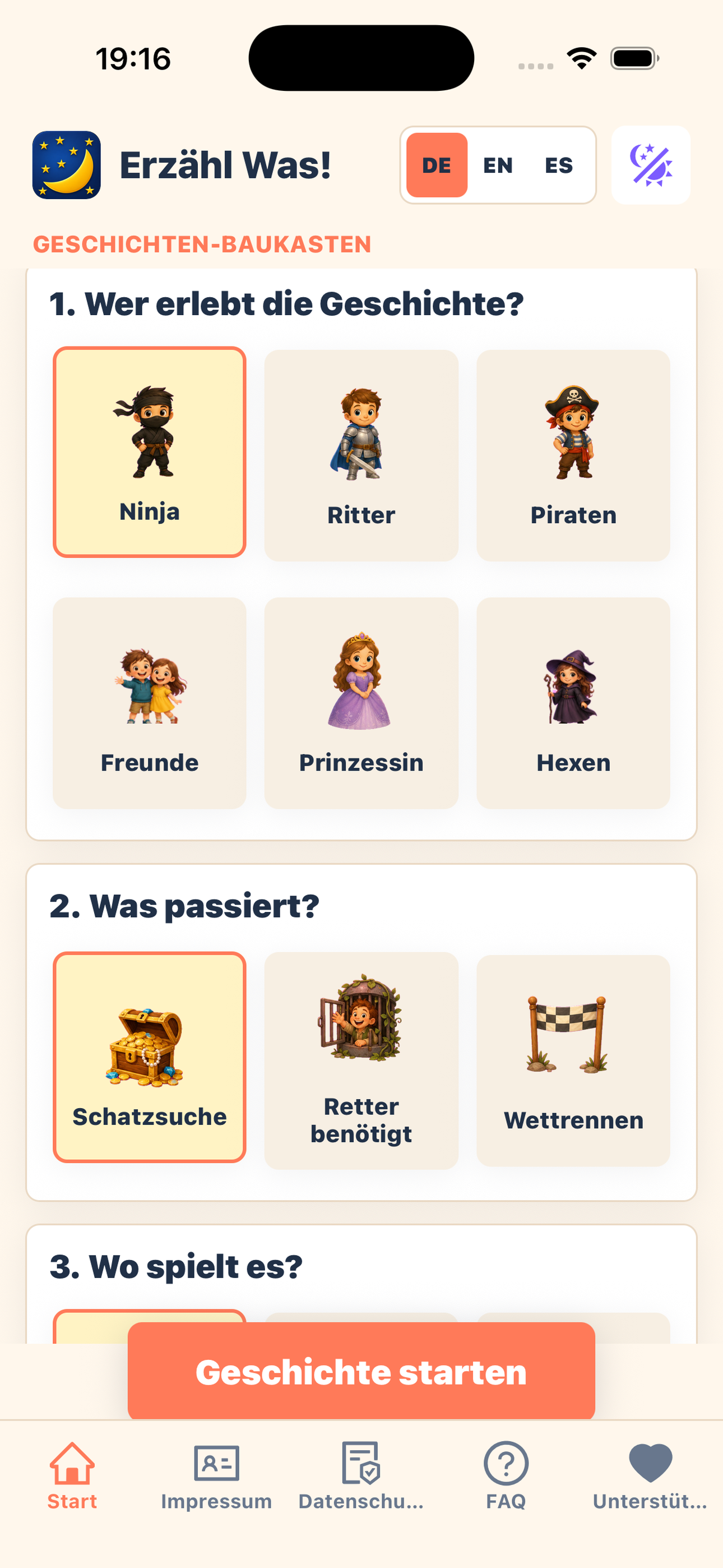 App-Screenshot: Auswahl von Held, Aufgabe und Ort